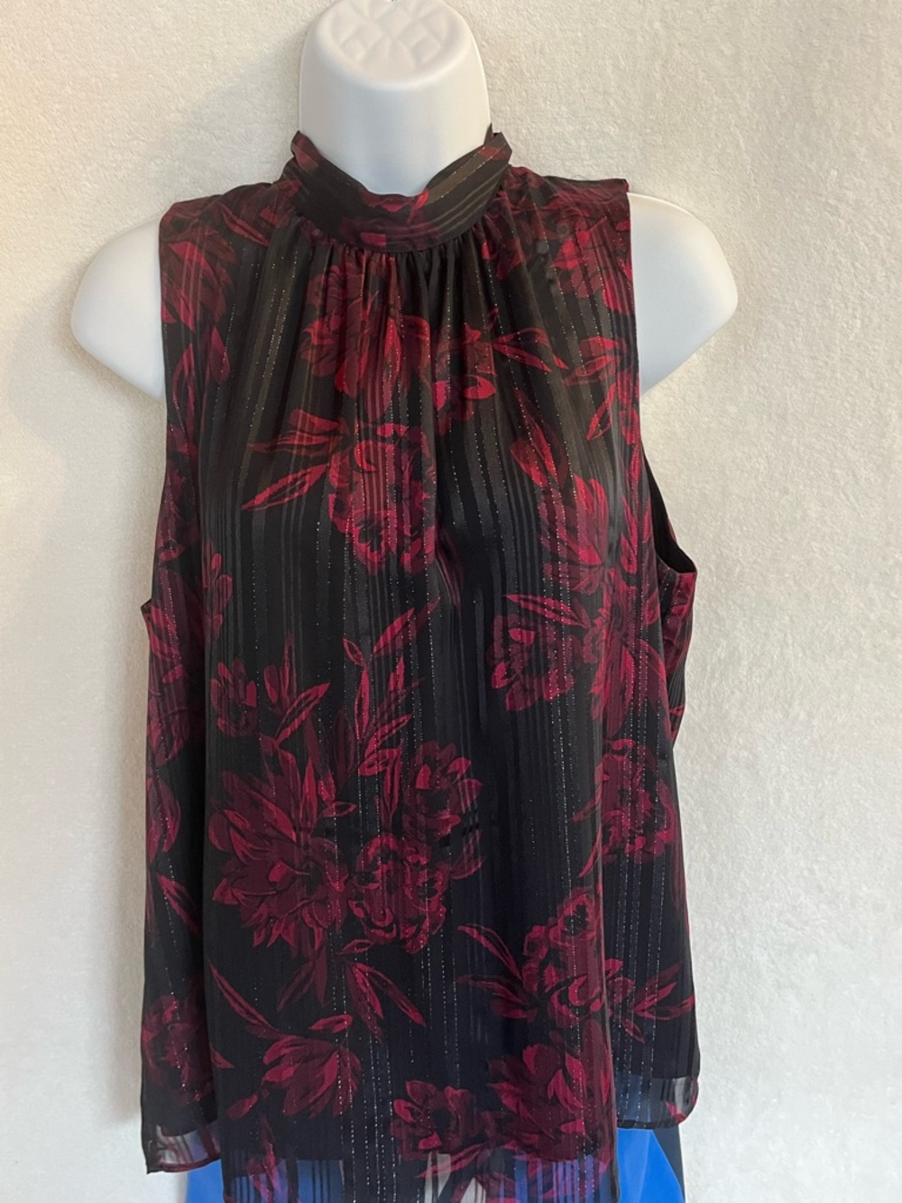 White House Black Market Black Sleeveless Blouse with Red Floral Accents